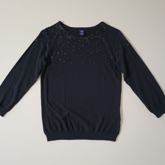 Gap Women's Black Elbow-length Roundneck Sequin & Bead Bodice Pullover Sweater - Picture 14 of 14